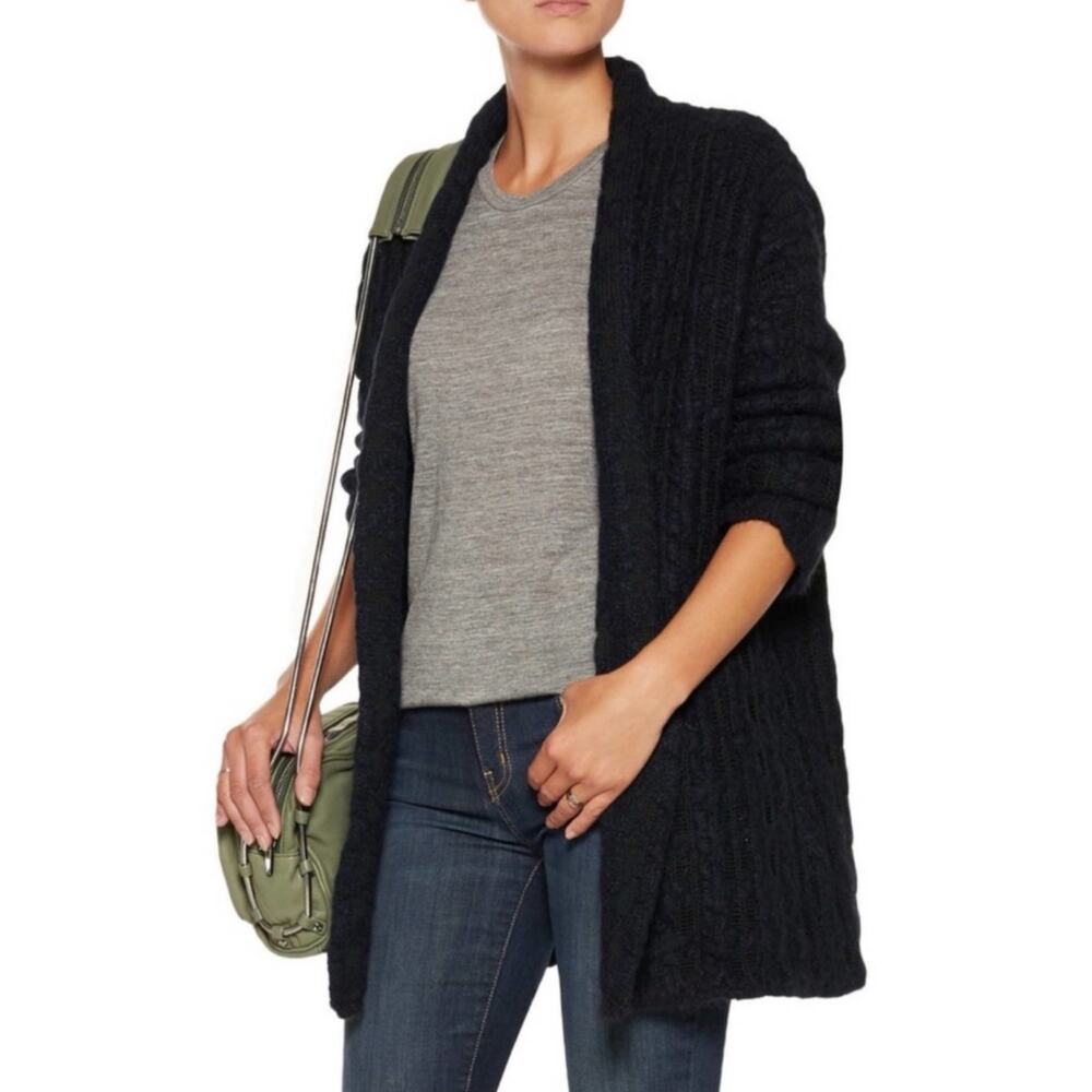 Maje Garner Navy Blue Heavy Knit Jacquard Mohair Blend Oversized Cardigan M
